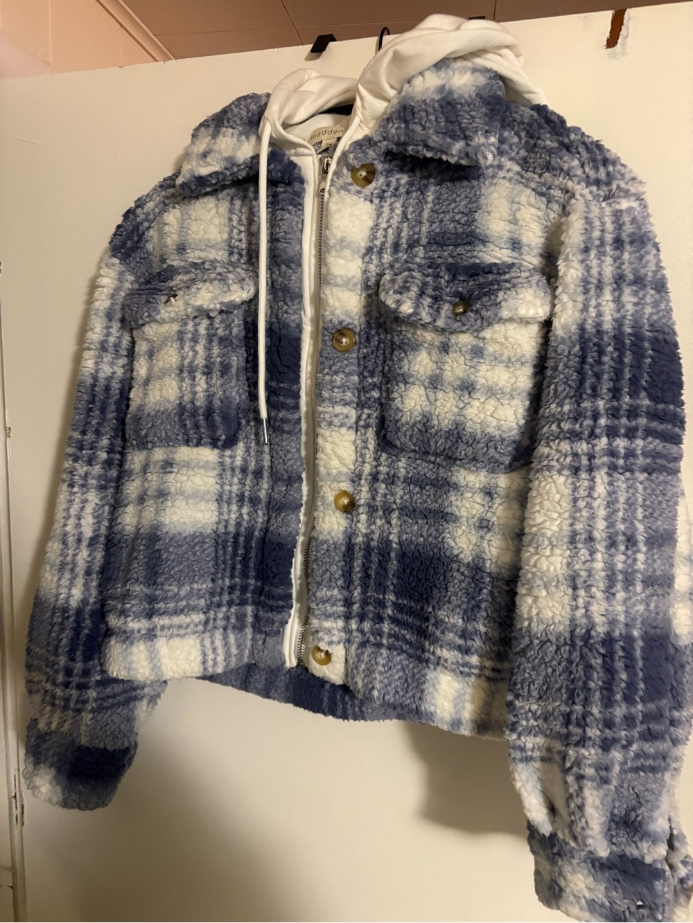 Madden Girl Blue & White Plaid Teddy Jacket with Hooded Liner